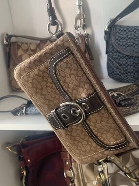 Coach Brown Signature Canvas Wristlet with Buckle Detail